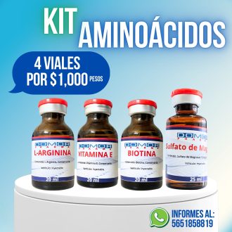 Kit Aminoácidos 4 Viales 1pza L Arginina, 1pza Vitamina E, 1pza Biotina, 1pza Sulfato de Magnesio